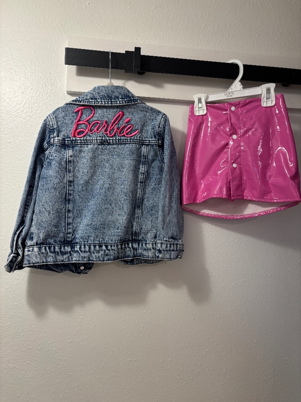 Barbie Girls Denim Jean Jacket XS Front Back Logo W/hot pink pleather skirt